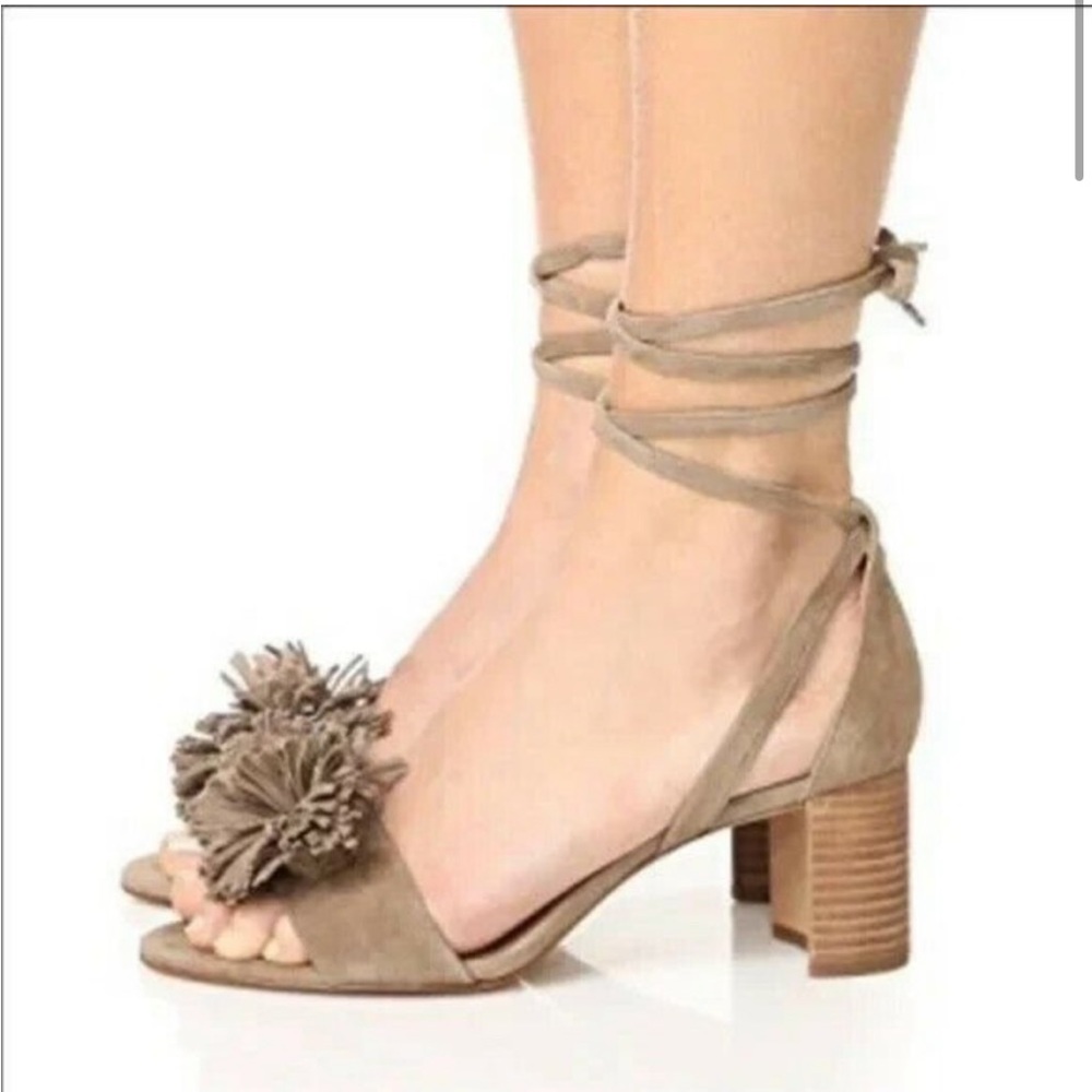 MADEWELL Lainy Sandals Ankle Wrap Heels Suede Pom Fringe Shoes